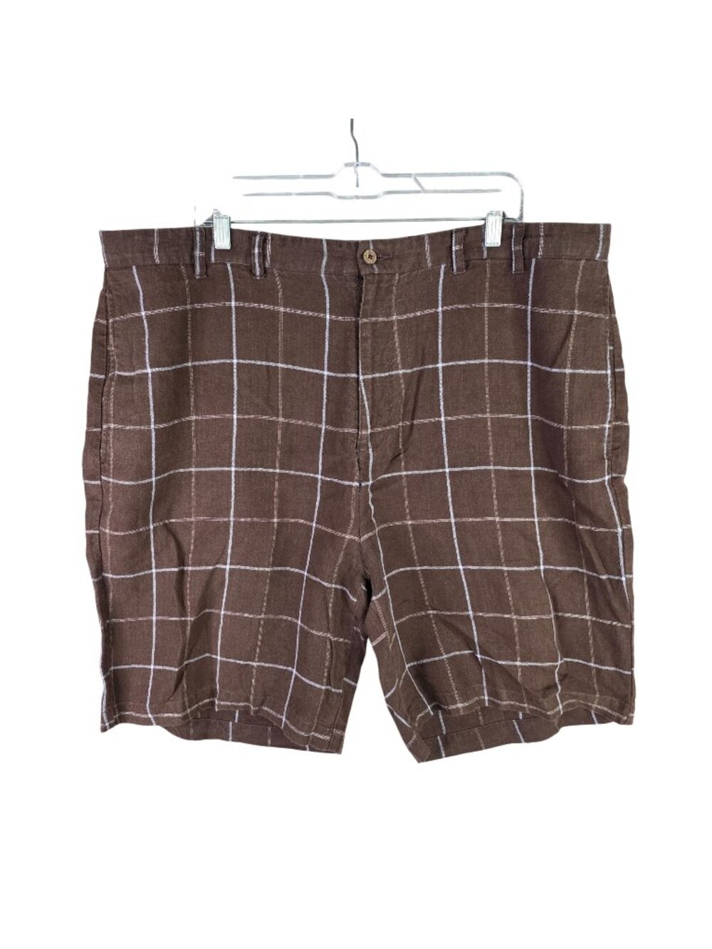 Mens Caribbean Joe Brown & White Plaid Linen Shorts 10.5" Inseam Pockets Size 42